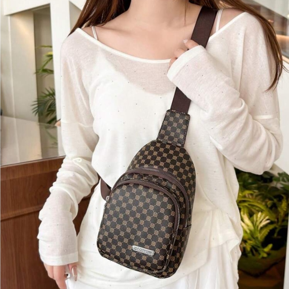Brown & Black Vinyl Checkered Crossbody Sling Bag